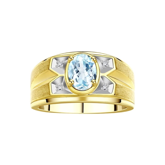 RYLOS Men's Rings 14K Yellow Gold Rings Classic Designer Style 8X6MM Oval Gemstone & Diamond Ring Aquamarine March Birthstone Rings For Men Size 11