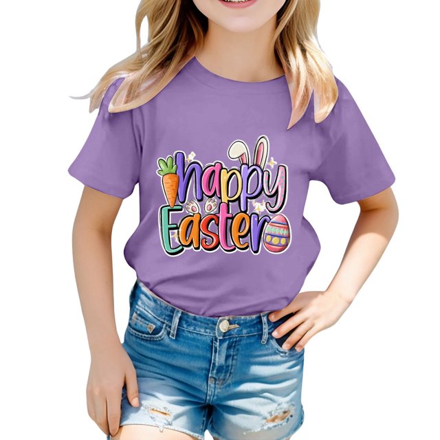 MIASHUI T-Shirt Amusant pour Enfants avec Lapin, Filles Garçons, Manches Courtes, Col Rond, Pâques, Violet, 10-11 Ans