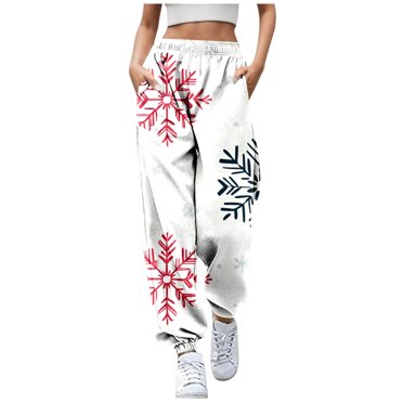Bmisegm Stylish Women's Casual Pants for Autumn and Winter Festive Christmas Tree Print Trousers for Everyday Comfort White L