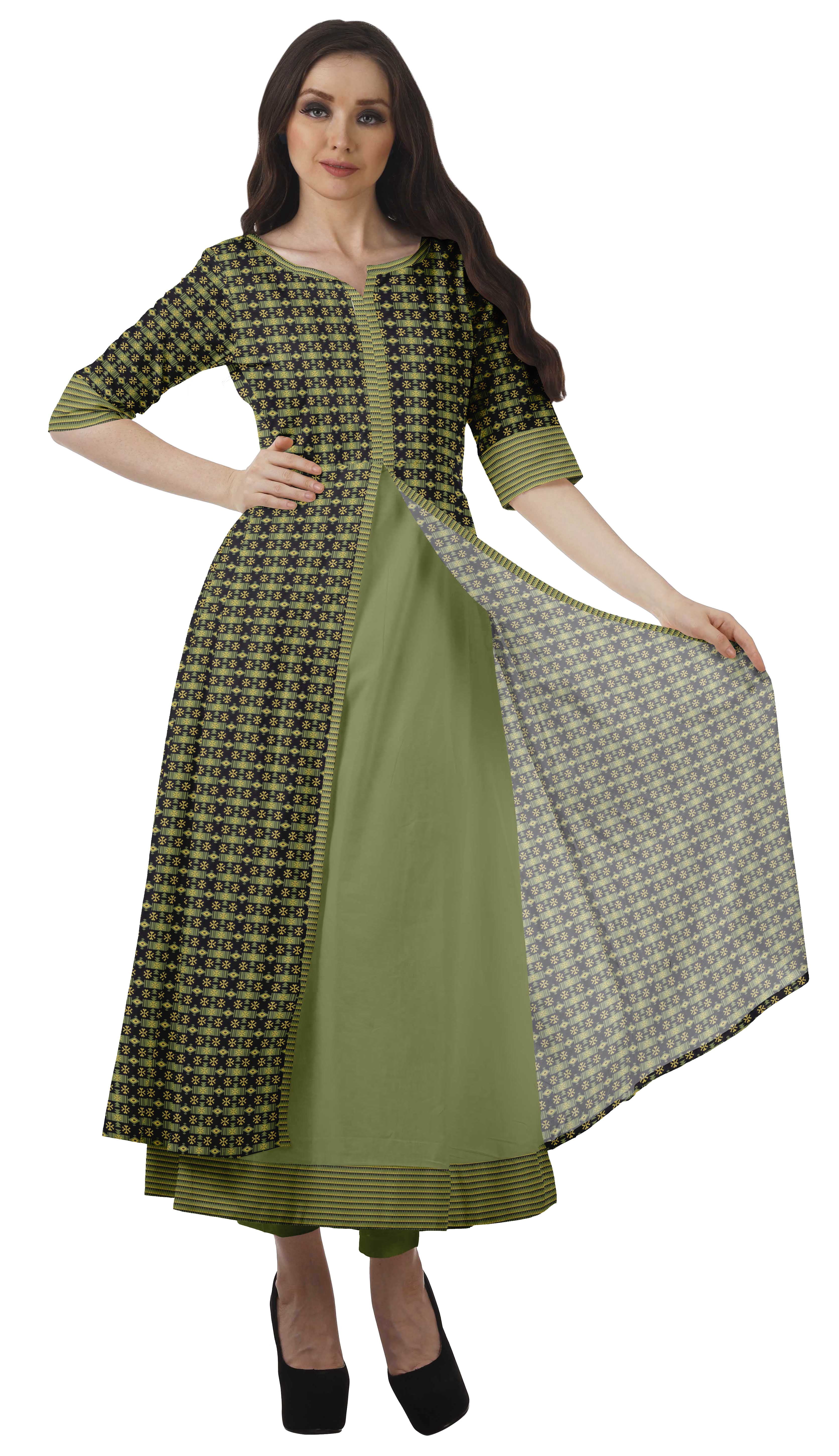 Moomaya Kurti Trapèze pour Femmes avec Fente avant, Imprimé, Kurta Indienne de Soirée-L