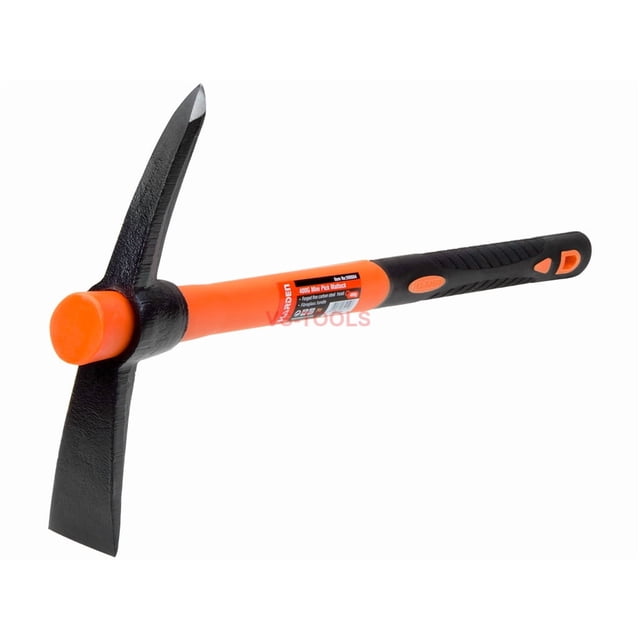 Fiberglass Mini Pick Mattock Axe Garden Cutter Landscaper Digging Tool by HARDEN Tools. Features a 400g drop-forged carbon steel head with a polished chopping blade and a sharp pick for breaking hardened soil. The lightweight fiberglass handle has a soft grip for ergonomic use. Ideal for gardening, root cutting, landscaping, and trench digging. The head is removable for sharpening.