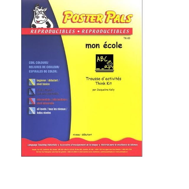 The Fsl Classroom Mon École French Reproducible Teaching Activities cover by Poster Pals, featuring a yellow front with a blue side panel and color-coded tabs indicating beginner to advanced levels, designed for language teaching with reproducible masters and teacher notes by Jacqueline Kelly.