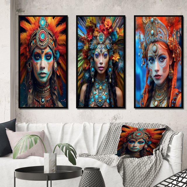 Designart "Festive Slavic Spiritual Portraits V" Boho Woman Framed Wall Art Set Of 3 - Red Woman Boho Frame Canvas Set For Living Room Decor