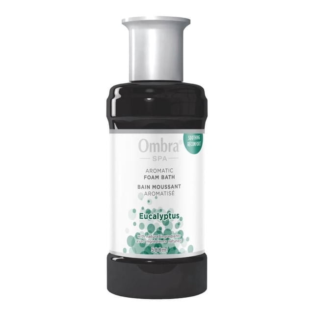 Ombra Bain en Mousse d'Eucalyptus Aromatique dans une Bouteille Noire de 500 ml avec Pompe Argentée et Étiquette Blanche avec Motif de Bulles Vertes, Offrant un Bain Apaisant et Aromatique avec des Huiles d'Eucalyptus Naturelles pour Soulager le stress et le Confort Musculaire.