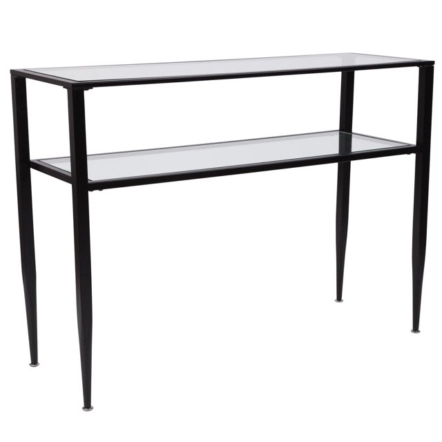 Newport Collection Glass Console Table with Shelves and Black Metal Frame