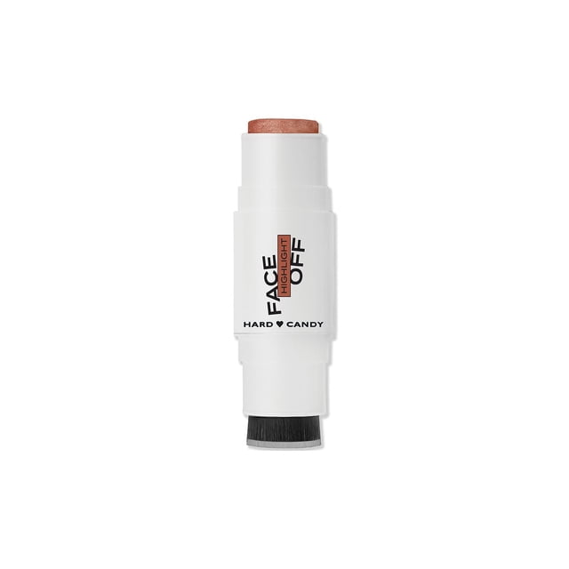 Hard Candy Face Off Luminous Highlighter Stick in white twist-up packaging with a peachy shimmer highlighter tip and built-in black blending brush, providing a hydrating, glitter-free glow for face makeup.