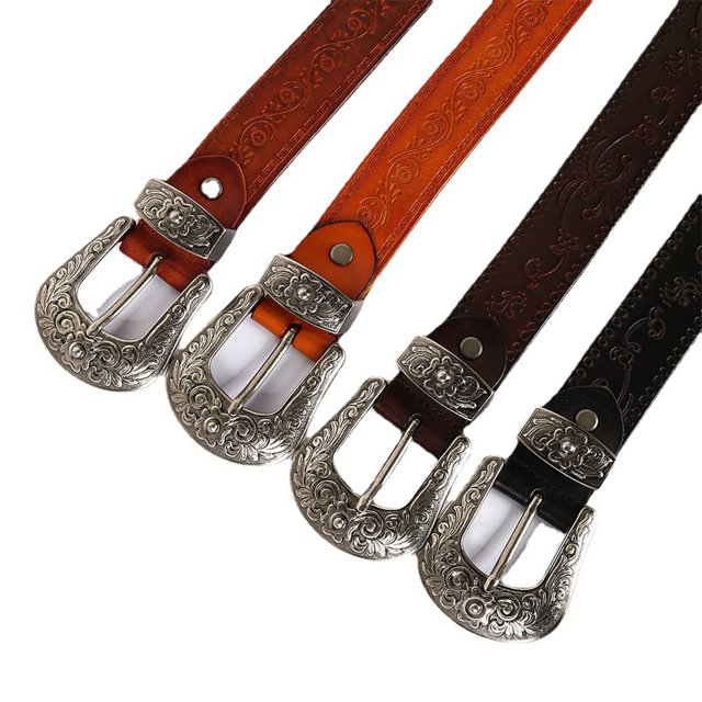 Ruiboury Embossed Pattern Belt With Fine Craftsmanship For Vintage And Western Looks Long Fashion Embossed Pattern Rivet Belt Long flowers yellow 120cm 2Set