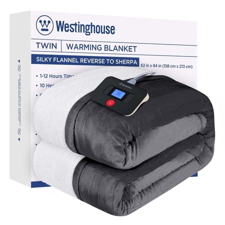 Westinghouse Couverture Chauffante Électrique Couverture Chauffante / 10 Niveaux de Chauffage et Réglages de Temps de Chauffage de 1 à 12 Heures / Flanelle vers Sherpa Réversible 62x84