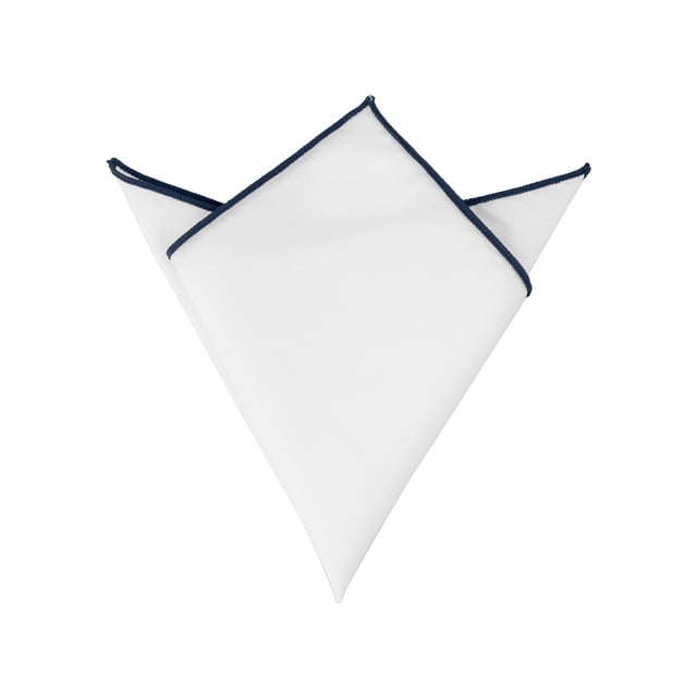 INSPIRE CHIC Men's Pocket Square Cotton Handkerchiefs for Suits Jacket in navy blue. This men's accessory features a white cotton fabric with a solid navy blue edge, folded in a one-point style. Suitable for formal or casual events, enhancing suit jackets.