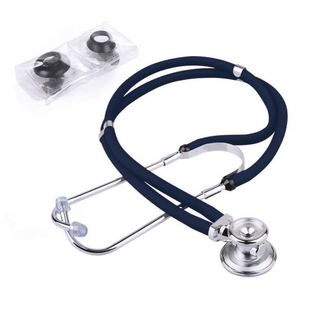 Dual Head Stethoscope Sprague Rappaport by Elimedical, model HS-30C, designed for medical professionals including doctors, nurses, and medical students. The stethoscope features dual lumen tubing for clear sound transmission, a chrome-plated chestpiece with interchangeable bell sizes for adult, medium, and infant patients, and an ultra-sensitive diaphragm. Includes three sets of silicone ear tips, spare diaphragms, and a plastic accessories case for storage. Latex-free and suitable for diagnosing patients of all ages.