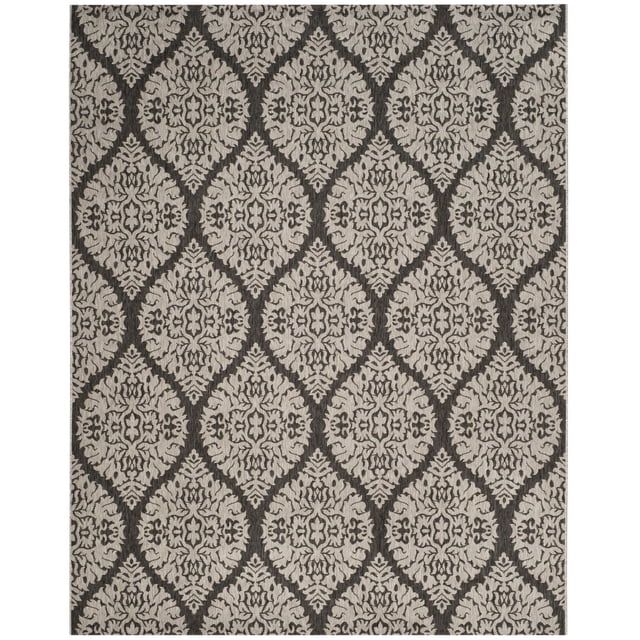SAFAVIEH Courtyard Shelton Geometric Indoor/Outdoor Area Rug displaying beige damask geometric motifs on a dark grey polypropylene sisal weave background, designed for durability and easy cleaning, ideal for outdoor and high-traffic indoor areas.