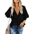 thumbnail image 1 of Women's V Neck Tops Ruffle 3/4 Sleeve Tie Knot Blouses Button Down Shirts - BLACK, 1 of 3