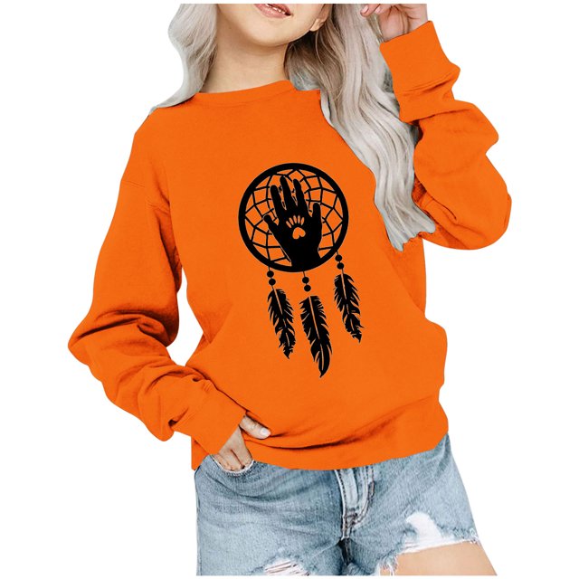 Dadaria Chemise Orange pour Enfants Hauts T-Shirt à Manches Longues Col Rond Tee d'Été Attrape-Rêves Chandail Blouses 9 Ans