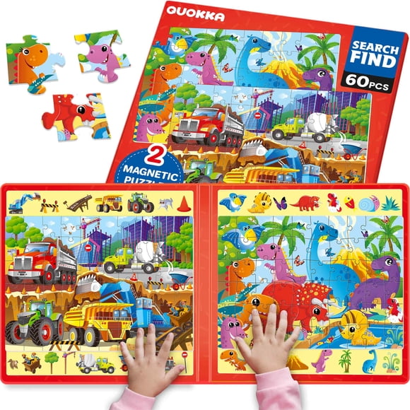 Quokka Casse-Tête Magnétique 2x60 Pcs Casse-Têtes pour Enfants - Construction et Dino - Planche de Voyage avec Objets Cachés
