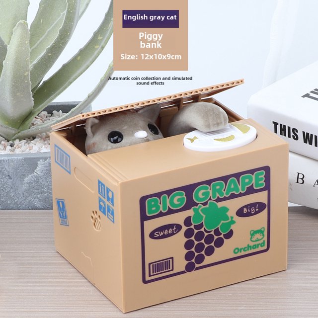 Fun Electric Grey Cat Money Stealing Bank: Interactive Light & Sound Kids Piggy Bank, Unique Cartoon Design, Durable Plastic-Resin Material, Easy-to-Use Coin Storage Toy, Perfect Birthday/Party Gift