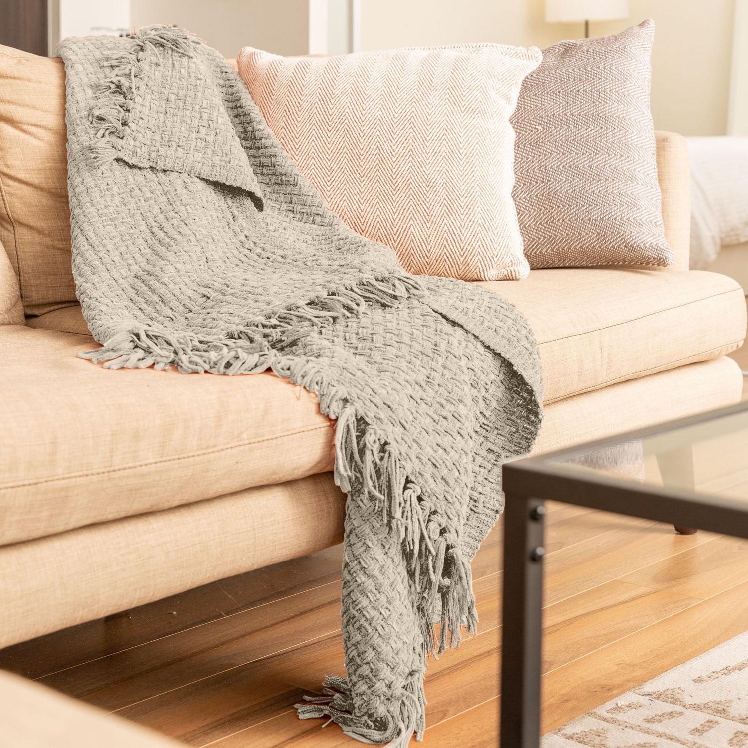 Chenille Basket weave Knit Throw with Fringe, Lightweight Breathable Chenille Blanket for Couch, Chair, Bed, Outdoor Use