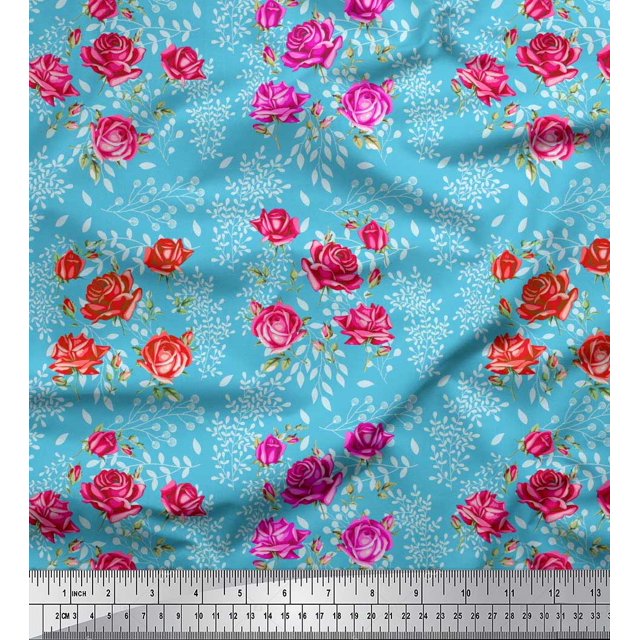 Soimoi Moss Georgette Fabric Leaves & Rose Floral Printed Fabric 1 Yard 42 Inch Wide