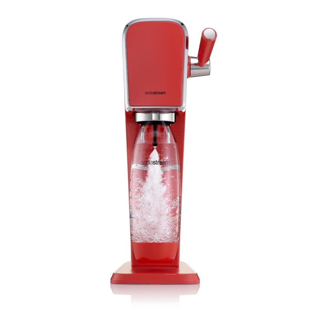 Red SodaStream Art sparkling water maker actively carbonating a clear bottle of water