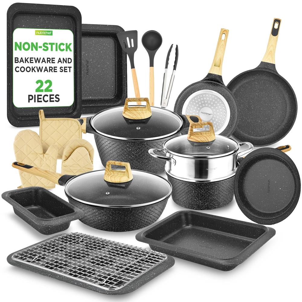 NutriChef 22-Piece Black Marble Non-Stick Induction Cookware and Bakeware Set - Professional Home Kitchen Collection with Multi-Sized Pots, Pans, and Heat-Resistant Tools