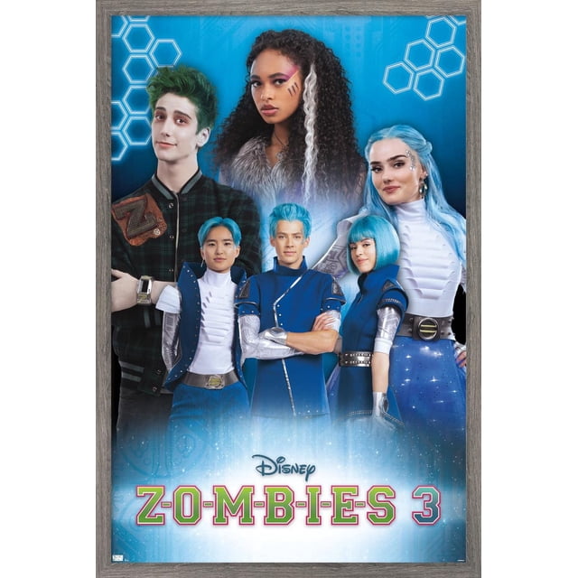 Disney Zombies 3 - Affiche Murale de Groupe avec Punaises, 22,375 Po x 34 Po Présentant six Personnages en costumes Futuristes Bleu et Blanc avec accents Argent Métalliques, sur Fond Bleu avec Motifs Hexagonaux et le logo Disney Zombies 3, Idéale pour la Décoration de Chambre Ou de Dortoir.