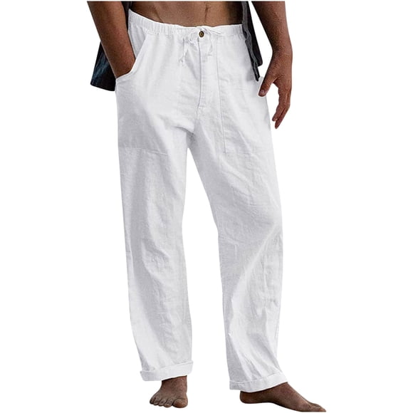 RXIRUCGD Men's New Linen Pants Drawstring Elastic Solid Color Loose Casual Trousers, White, Size: XL
