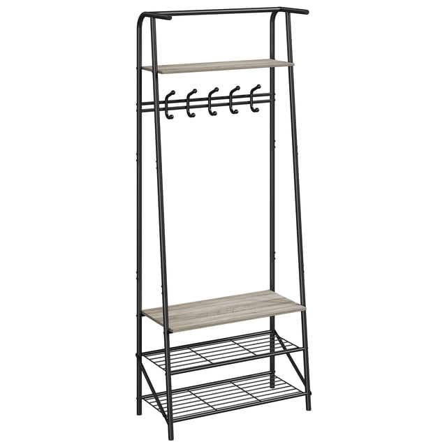 Coat Rack Shoe Bench, 4-in-1 Hall Trees Entryway Bench with Coat Rack and Shoe Rack, Wood Look Accent Furniture with Steel Frame Storage Shelf and Hanging Bar, Industrial, Rustic Brown & Black