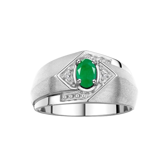 RYLOS Mens Rings Sterling Silver Ring 6X4MM Oval Shape Gemstone & Diamond Ring Emerald May Birthstone Rings For Man Silver Rings, Size 12