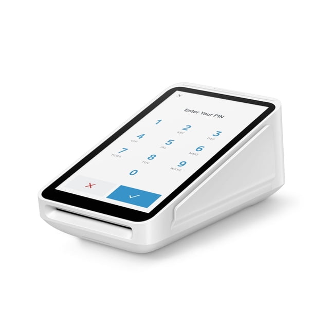 Square Terminal - All-In-One Credit Card and Debit Machine with white casing and touchscreen displaying a PIN entry keypad, designed for secure, portable payment processing and receipt printing in office and retail settings.