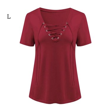 Women T-Shirt V Neck Short Sleeve Top Solid Color Short Sleeve T-shirt Casual Blouse, Wine Red, L