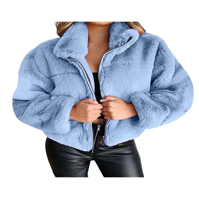 Womens Winter Fuzzy Short Teddy Jackets Coats Warm FluffyZip Up Long Sleeve Cropped Jacket