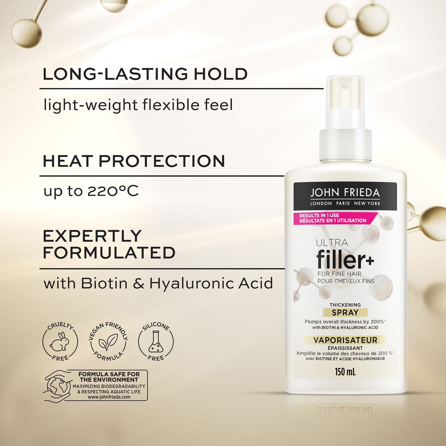 John Frieda Ultra Filler+ Vaporisateur Épaississant pour Cheveux Fins & Clairsemés, avec Biotine et Acide Hyaluronique, Protection contre la Chaleur, Vaporisateur Repulpant