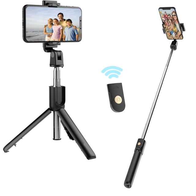 axGear Selfie Stick Tripod Stand with Bluetooth Wireless Remote Extendable Phone Holder. Designed for better selfies, it features a lightweight stainless steel pole, adjustable clamp for devices 2.5 to 4 inches wide, and extendable length from 7.64 to 27.6 inches. Includes a detachable Bluetooth remote, adjustable camera angle up to 225°, and compatibility with iOS and Android devices.