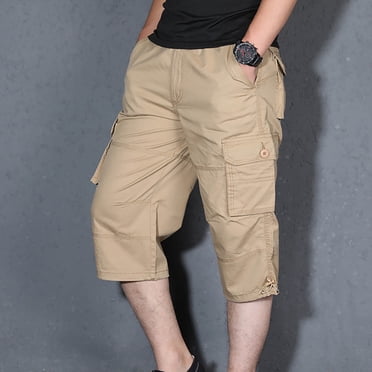 EGNMCR Men's Capris Pants, Men's Linen Harem Capris Pants, Lightweight Loose 3/4 Shorts Men's Workwear Shorts Multi Pocket Zipper Straight Tube Casual Pants Cropped Pants Men cotton pants