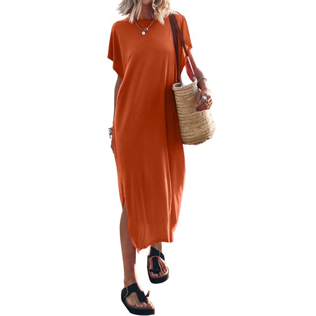 Kmbangi Robes Longues Noires pour Femmes pour l'Été 2023, Manches Chauve-Souris Courtes Col Rond Fendu Robe de Plage Décontractée
