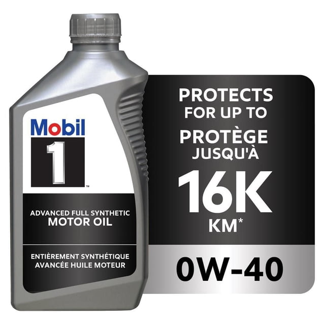 Mobil 1™ Full Synthetic Engine Oil 0W-40 in a 1 L gray plastic bottle with ribbed side grip, labeled as advanced full synthetic motor oil that protects engines for up to 16,000 km, featuring bilingual English and French text.