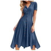 WRKEKC Women's Denim V Neck Short Sleeve Dress Solid Color Casual Jean Dress Spring Summer