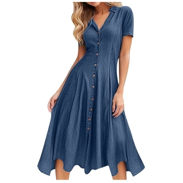 WRKEKC Women's Denim V Neck Short Sleeve Dress Solid Color Casual Jean Dress Spring Summer