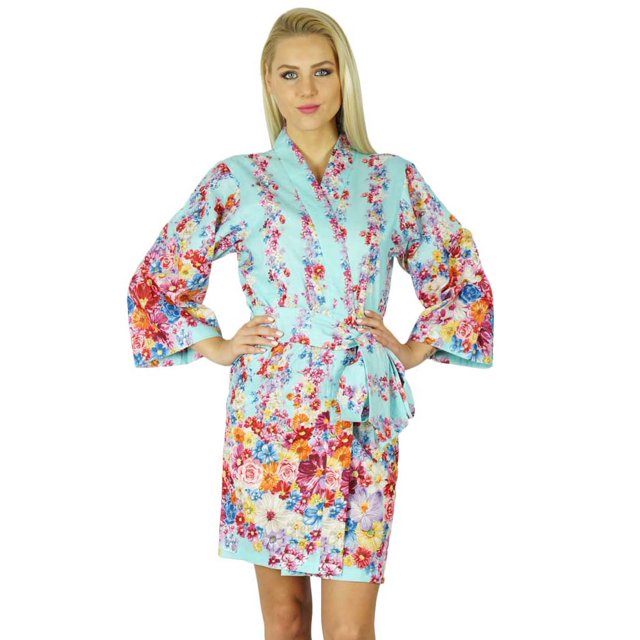 Bimba Women Cotton Printed Short Robe Getting Ready Bridesmaid Robes Coverups