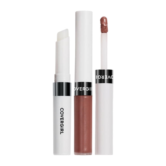 COVERGIRL Outlast All-Day Lipcolour showing a white moisturizing topcoat stick, a brownish nude long-lasting lip colour tube with white cap, and an applicator wand with transfer-resistant liquid lip colour on the tip, all with black and white COVERGIRL branding on a white background, ideal for up to 24 hours of wear and suitable for maintaining vibrant lip colour throughout the day.