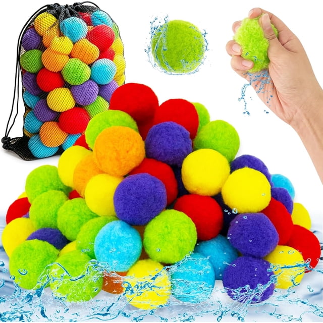 100 Pcs Reusable Water Balls,Soft Soaker Splash Balls with Mesh Bag,Water Games Toys Ball for Outdoor Water Games Summer Fun,Pool Party,Beach Activities.,Multicolor