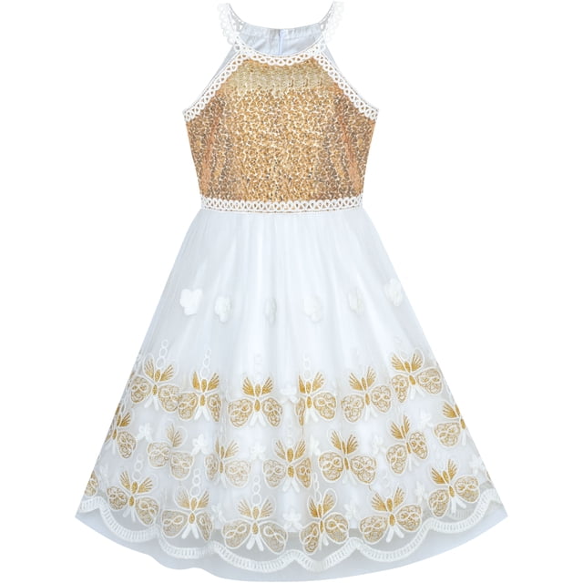 Robe Fille Or Papillon Brodé Robe Dos Nu Fête 6 Ans