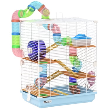 PawHut 5 Tiers Hamster Cage, Portable Animal Travel Carrier, Light Blue