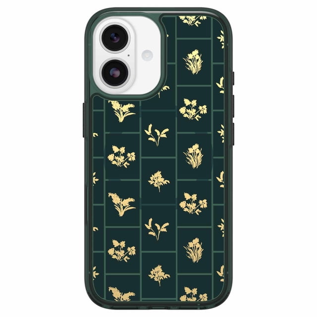 OtterBox Symmetry Clear MagSafe Case w/Camera Control Golden Bloom (Green) for iPhone 17 with a slim, clear design featuring a dark green background and gold floral grid pattern, reinforced corners, raised camera edges, tactile buttons, built-in magnets for MagSafe charging, and anchors for straps or charms.