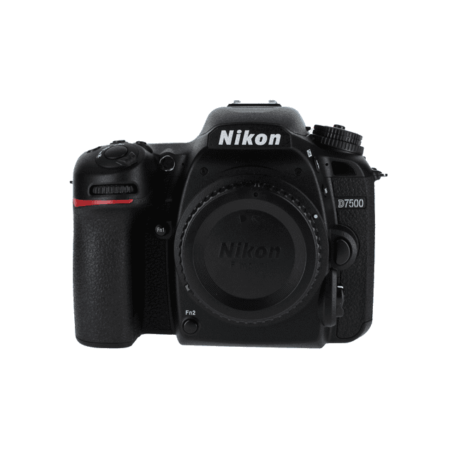 Nikon D7500 DX-Format Digital SLR Body featuring a 20.9-megapixel DX-format image sensor, 4K Ultra HD and 1080p Full HD video recording capabilities, and an 8fps continuous shooting mode. The camera includes a 3.2-inch 922K dot tilting LCD touchscreen and a 51-point autofocus system with 15 cross-type sensors. Designed for advanced photography, it offers built-in Wi-Fi and Bluetooth for seamless connectivity via the Nikon SnapBridge App. Shown in a front-facing view with a black body and Nikon branding.