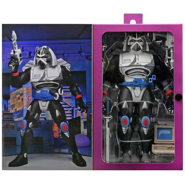 Teenage Mutant Ninja Turtles 1980 Cartoon 10 Inch Action Figure Ultimate Series - Chrome Dome by Neca. A multicolour, highly detailed 10-inch action figure of Shredder's personal robot, Chrome Dome, featuring a menacing design with black, silver, and red accents. The figure is equipped with a blaster, swords with sheaths, a computer, and five sets of interchangeable hands. Displayed in Ultimate style packaging resembling classic VHS artwork, with a visible window showcasing the figure and accessories.