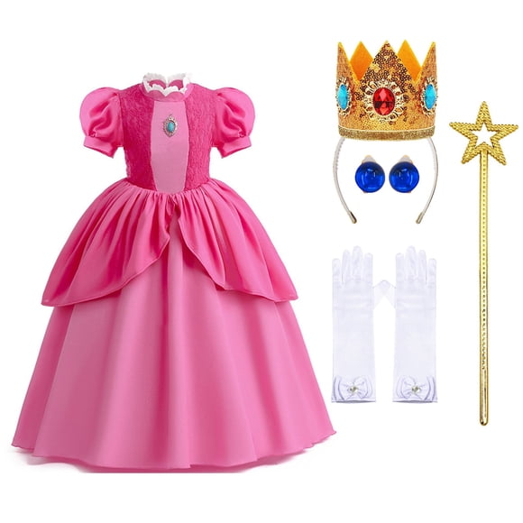 KAWELL Princess Peach Costume for Girls, Super Brothers Kids Princess Peach Dress Halloween Cosplay Dress Up with Accessories