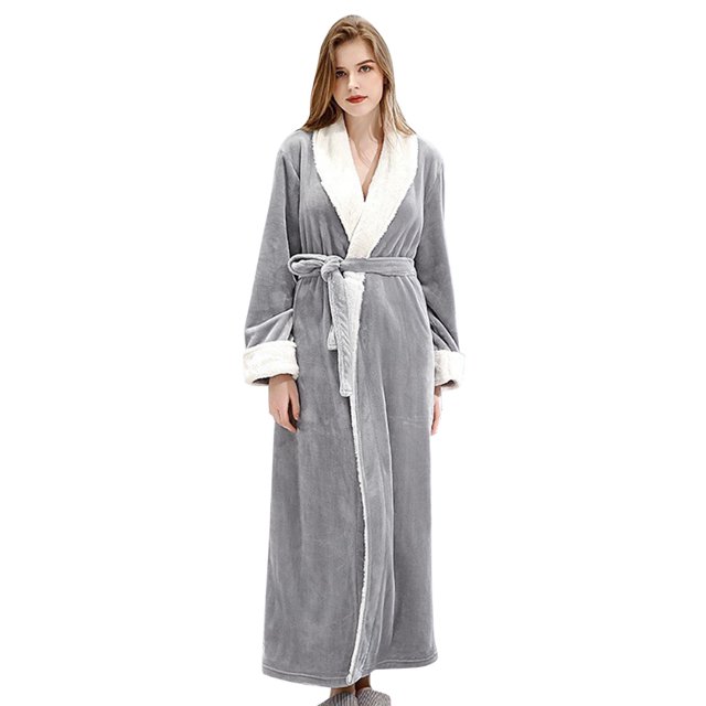 WZXFASHION Womens Fleece Robe Soft Plush Bathrobe Fluffy Cute Long Coat Night Robe WomenRobes Grey M