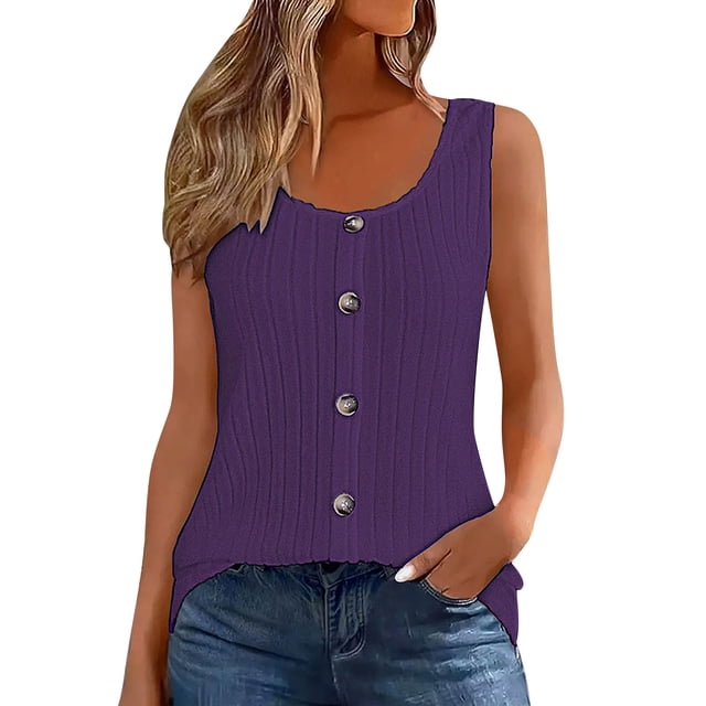 WRKEKC Casual Tank Tops for Women Solid Color Button Front Crew Neck Sleeveless Daily Tank Loose Fit Lightweight Top