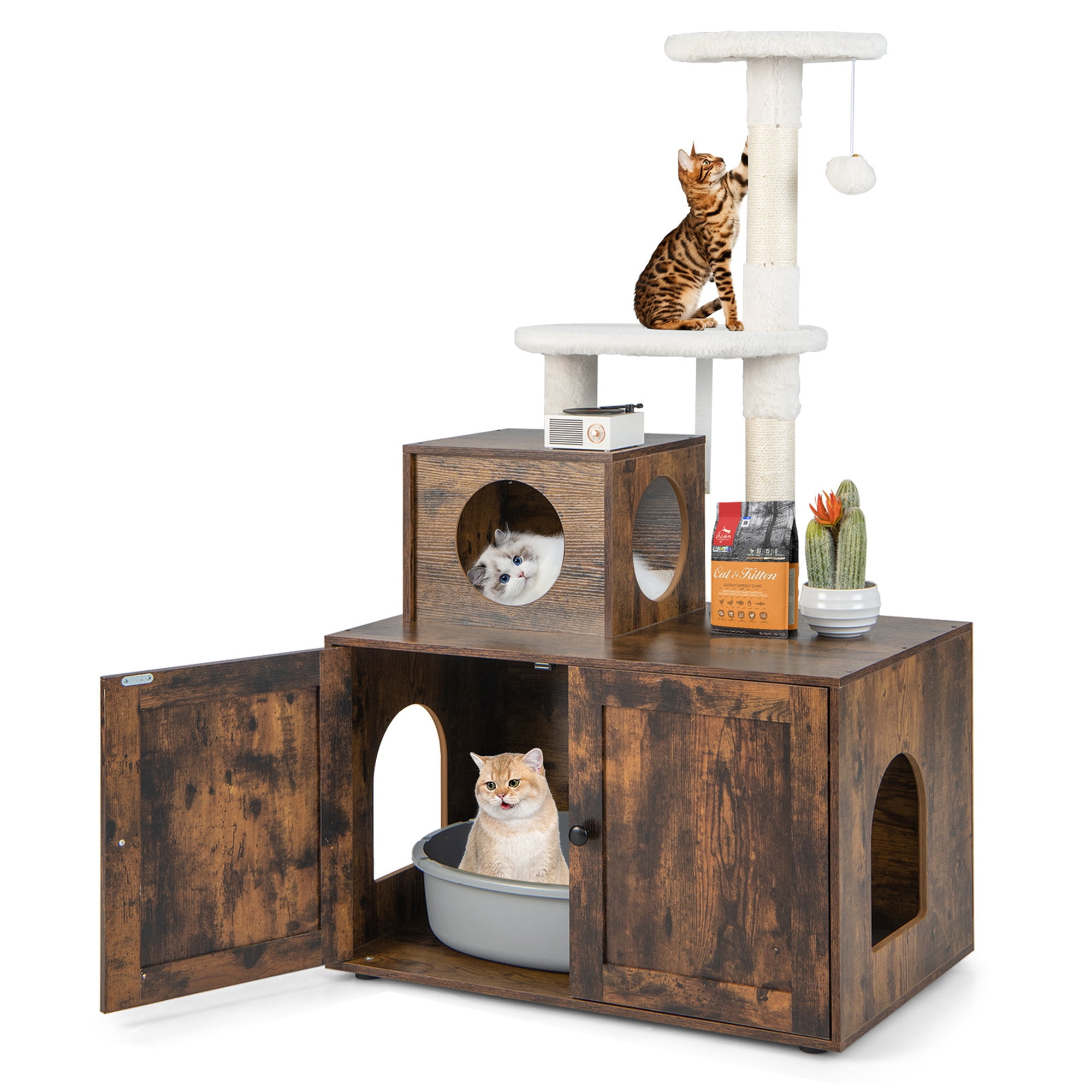 Costway 2-in-1 Wooden Litter Box Enclosure with Cat Tree Hidden Washroom Furniture