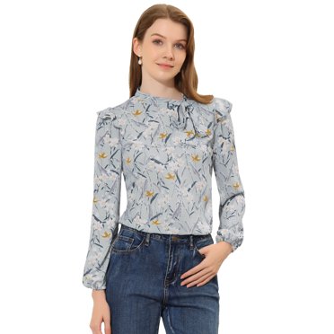 INSPIRE CHIC Blouse Florale à Volants pour Femme à Manches Longues avec Nœud Latéral au Cou Gris TG